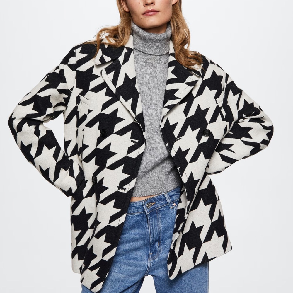 MANGO Houndstooth Buttoned cotton/wool coat
